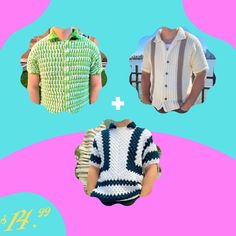 three men's sweaters and one is crocheted in the same pattern