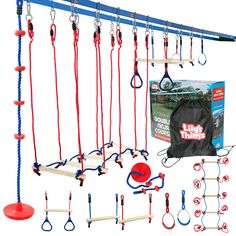 an assortment of sports equipment including ropes and balls