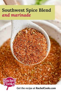 a spoon full of spices with the words southwest spice blend and marinade above it