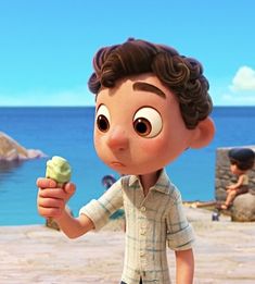 a cartoon character holding an ice cream cone in front of the ocean and people sitting on rocks