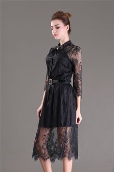 Hollow Out Half Sleeve Elastic Waist Floral Crochet Black Lace Dress - Uniqistic.com Spring Gothic Midi Dress For Party, Summer Gothic Lace Dresses, Spring Gothic Midi Party Dress, Fall Party Midi Dress With Half Sleeves, Gothic Lace Dress For Party, Fitted Long Sleeve Lace Dress For Casual Occasions, Spring Dress With Lace Sleeves And Half Sleeve, Fall Lace Dress With Lace Collar, Fitted Midi Dress With Lace Collar For Party