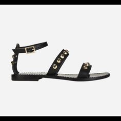 Designer Color: Black/Gold Black Upper With Natural Sole And Gold Studs Handmade In The Amalfi Coast, Italy 1 Cm Heel And Stitched Bands Chic Flat Sandals With Studded Rubber Outsoles, Chic Sandals With Ankle Strap And Studded Outsoles, Black Ankle Strap Sandals With Studded Outsoles, Amalfi Coast Italy, Nude Sandals, The Amalfi Coast, Studded Sandals, Suede Sandals, Amalfi Coast