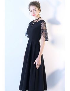 Chic Black Tea Length Party Dress with Cap Sleeves #BLS86006 - GemGrace.com Black A-line Tea Length Evening Dress, Elegant Spring Midi Dress For Costume Party, Elegant Black Dress For Costume Party, Black Short Sleeve Dress For Banquet, Black Midi Dress For Costume Party, Spring Evening Midi Dress With Cap Sleeves, Black A-line Midi Dress For Banquet, Fitted Black Tea Length Dress For Party, Elegant Black Midi Dress For Costume Party