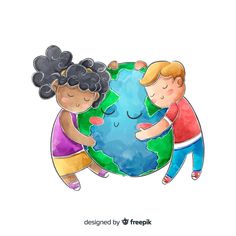 two children hugging the earth with their hands