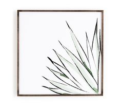 an art print with some green plants in the middle on a white wall above it is a wooden frame