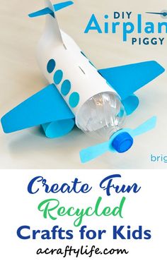 an airplane made out of paper with the words create fun recycled crafts for kids on it