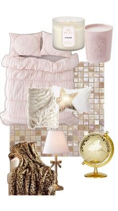 a bedroom with pink and gold decor on the walls, bedding, lamp, rugs and pillows