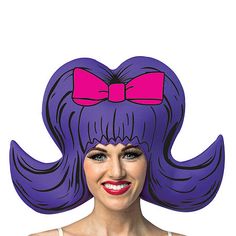 a woman wearing a purple wig with a pink bow