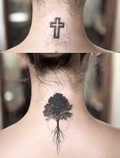 a woman's neck with a tree and cross tattoo on it