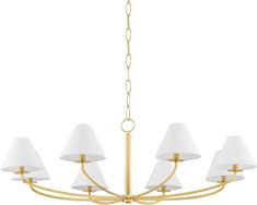 a brass chandelier with white shades