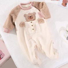 [3M-24M] Little Baby Cute Bear Long-Sleeved Thick Romper Cream Long Sleeve Onesie For Bedtime, Cute Long Sleeve Onesie, Long Sleeve Onesie With Cartoon Print For Bedtime, Cartoon Print Long Sleeve Onesie For Bedtime, Long Sleeve Cotton Onesie With Buttons, Cotton Long Sleeve Onesie With Buttons, Cotton Long-sleeve Onesie With Buttons, Cream Long Sleeve Onesie For Playtime, Long Sleeve Onesie With Cartoon Print For Playtime