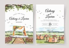 watercolor wedding card with an outdoor ceremony