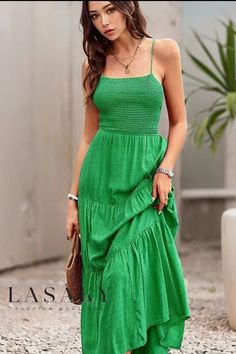 Lasaky - Premium Sleeveless Maxi Dress showcasing Graceful Style in a Solid Hue Green Casual Midi Dress With Spaghetti Straps, Casual Green Midi Dress With Spaghetti Straps, Green Maxi Length Sleeveless Dress For Day Out, Sleeveless Green Midi Dress For Day Out, Casual Green Halter Neck Midi Dress, Woven Pattern, Skirt Skirt, U Neck, Sleeveless Maxi Dress