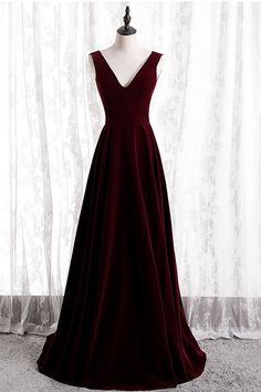 Burgundy v neck long prom dress A line evening dress Wine Red Bridesmaid Dresses, Dark Red Prom Dress, Simple Formal Dress, Velvet Formal Dress, Velvet Evening Dress, Long Party Dress, Simple Bridesmaid Dresses, Red Bridesmaids, Red Bridesmaid Dresses