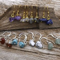 Gemstone Chip Earrings | Healing Stone Earrings | Dainty Crystal Earrings | Minimalist Drop Earrings | Raw Crystal Jewelry | Chip Beaded Great gift to give or keep for yourself Good vibes - healing energy dangle style wire earrings each piece is handmade and with love and positive energy! Choose the gemstone for your special healing properties. Some crystals help with wealth and success, while others are suited for love, relationships, peacefulness, and protection. Choose from Silver Plate or Gold Plate, wire earrings. Stone sizes vary between roughly 4-9mm. Choose from 18 different gemstones, each unique in their healing-energy ability.  Each piece is carefully cut sanded and polished to look delicate and feel smooth.  No two earrings will ever be alike, and which adds to their charm and Simple Gemstone Earrings, Small Crystal Earrings, Chip Stone Necklace, Gemstone Beaded Earrings, Stone Chip Earrings, Crystal Chip Earrings, Gemstone Chip Earrings, Stone Chip Jewelry, Crystal Chip Jewelry