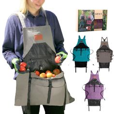 a woman holding an apron with apples in it