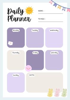 a daily planner with cute animals and bunnies on the side, in pastel colors