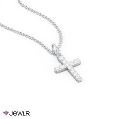 This sparkling cross pendant is the perfect gift to pay tribute to someone's faith. Personalize this design with gemstones in the color of your choice. Available in two sizes with a pick of chains, create yours in sterling silver, white, yellow, or rose gold. Sterling Silver Cross Necklace With Vvs Clarity For Anniversary, Gift Cross Necklace With Diamond Accents, White Cubic Zirconia Cross Necklace For Anniversary, White Vvs Clarity Cross Necklace For Anniversary, White Gold Crucifix Jewelry With Cubic Zirconia, Diamond White Cross Pendant Necklace For Anniversary, Diamond White Sterling Silver Cross Necklace As Gift, Diamond White Crucifix Jewelry For Anniversary, White Diamond Accents Cross Necklace As Gift