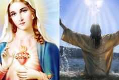 the image shows jesus and mary in two different pictures, one with her hands up