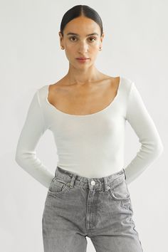 This skin tight lettuce trimmed long sleeve is a perfect accent to your everyday tee. With a flattering scoop neck and ribbed sustainable tercel fabric. Lettuce, Scoop Neck, Off White, Bra, Skin, Long Sleeve, Fabric, White