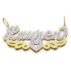 "*Personalized 10K or 14K Solid Gold Name Pendant 3D Double Plates Charm, fancy script unique font design, capitalized first letter and iced out in white tone Rhodium hand carved diamond accent and two wings finished in high-polished. *Average Name Pendant Dimension: 1 3/4 Inch (45 mm) X 3/4 Inch (19 mm) Approx. *Up to 9 Letters - Only first letter capitalized. *Thickness Top: 0.7 mm / 22 Gauge / 0.028\" Approx. *Thickness Bottom: 0.40 mm / 26 Gauges / 0.018\" Approx.  *This solid gold 3D name p Anniversary 14k Gold White Name Necklace, 14k Gold White Name Necklace For Anniversary, White 14k Gold Name Necklace For Anniversary, Customizable White Nameplate Necklace, Personalized 14k Gold White Name Necklace, Personalized White 14k Gold Name Necklace, White 14k Gold Nameplate Necklace, 14k Gold Name Necklace In White, White 14k Gold Name Necklace