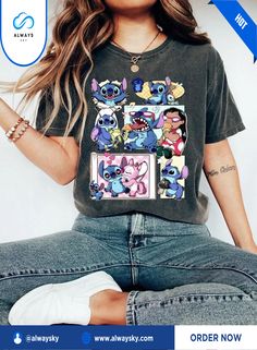 a woman sitting on the ground with her legs crossed and wearing a t - shirt that has stitched images of cartoon characters