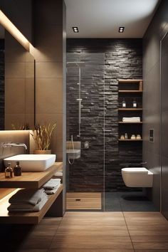 a modern bathroom with wood flooring and stone walls, along with a walk in shower