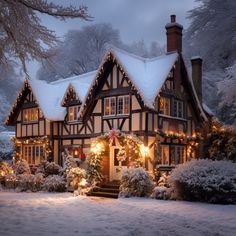 a house covered in snow with christmas lights