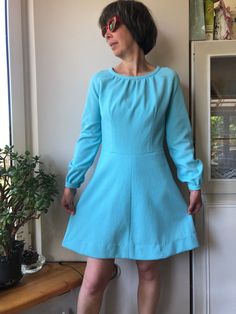 Vintage 60s blue mini dress. Mod, Hippie long sleeve dress. Home sewed from crimplene cloth, little bit stretchy. Back long metal zipper. Has few spots on right sleeve, see on last photo. To fit size S/M From shoulder to shoulder 15" 38cm Bust 37" 94cm Waist 30" 76cm Hips 41" 104cm Sleeve length 24" 61cm Length 35,5" 90cm Retro Long Sleeve Stretch Dress, Vintage Stretch Long Sleeve Dresses, Retro Fitted Long Sleeve Dresses, Fitted Long Sleeve Retro Dresses, Fitted Blue A-line Long Sleeve Dress, Retro Long Sleeve Fitted Dress, Blue Fitted A-line Long Sleeve Dress, Vintage Long Sleeve Stretch Dress, Vintage Fitted Long Sleeve Mini Dress