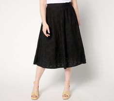 All eyes on eyelet! There's something just so summery about eyelet embroidery. Enjoy this breezy, feelin' pretty midi skirt made for sunny-day soirees and playful excursions. From Isaac Mizrahi Live!TM. Casual Spring Bottoms With Cutwork Hem, Casual Summer Bottoms With Cutwork Hem, Embroidered Flared Skirt For Summer, Embroidered Midi Skirt For Summer, Casual Broderie Anglaise Bottoms For Spring, Floral Embroidered Midi Skirt For Summer, Knee-length Floral Embroidered Skirt For Summer, Knee-length Summer Skirt With Floral Embroidery, Summer Knee-length Skirt With Floral Embroidery