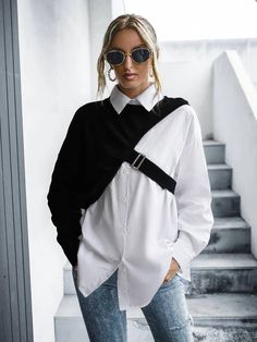 Drop Shoulder Oversized Tunic Blouse & Vest | SHEIN USA Spring Nail Designs, Diy Vetement, In Good Company, Diy Fashion Clothing, Woman Suit Fashion, Trendy Fashion Tops, Oversized Tunic, Mode Casual, Spring Nail