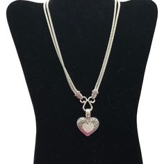 Heart and crystal silver tone necklace by Lia Sophia Elegant Silver Crystal Heart Necklace, Silver Heart Crystal Necklace, Elegant Silver Snake Chain Charm Necklace, Silver Crystal Heart Necklace With Rhinestones, Valentine's Day Silver Rhinestone Necklace, Silver Crystal Heart Pendant Jewelry, Silver Crystal Heart Pendant Necklace, Silver Double Heart Crystal Necklace, Silver Crystal Double Heart Necklace