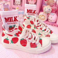 Harajuku+&+Fashion+strawberry+canvas+shoes. We+offer+FREE+and+USPS+shipping+for+USA+and+China+Post+for+any+other+country+in+the+world.+Customer+service+is+included+in+the+price+too!! Material:+canvas,+rubber; Color:+as+images; Style:+high-top,+low-top; Size:+US+size+5-8.5+(If+your+foot... Strawberry Shoes, Strawberry Fashion, Fun Shoes, Br Style, Kawaii Shoes, Kawaii Fashion Outfits, Aesthetic Shoes, Kawaii Clothes, Pretty Shoes