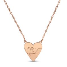 A sweet and romantic way to show your love, this couple's necklace features a 14K rose gold heart customized with both of your names in an elegant script font. The pendant suspends from an 18-inch rope chain thats secures with a spring ring clasp. Customizable Rose Gold Name Necklace For Anniversary, Customizable Rose Gold Necklaces For Valentine's Day, Customizable Rose Gold Necklace For Valentine's Day, Personalized Rose Gold Name Necklace With Heart Pendant, Rose Gold Name Necklaces For Valentine's Day, Rose Gold Name Necklace For Valentine's Day, Personalized Double Heart Rose Gold Necklace, Mother's Day Rose Gold Heart Pendant Name Necklace, Rose Gold Custom Name Necklace For Valentine's Day