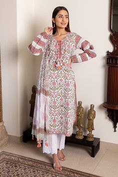 Off-white and pink cotton Mughal garden block print kurta. Paired with printed dupatta and pant.
Component: 3
Pattern: Embroidered, Printed
Type Of Work: Chikankari, Block print
Neckline: Round
Sleeve Type: Full sleeves
Fabric: Cotton, Chiffon
Color: White,Pink
Other Details: 
Chikankari work pant
Tie up neck
Elasticated cuffs
Occasion: Work, Mehendi and Haldi - Aza Fashions Mughal Garden, Chikankari Work, Kurta Set For Women, White Kurta, Printed Dupatta, Kurta Set, Full Sleeves, Pink Cotton, Work Pants