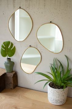 Brass Framed Organic Shaped Mirrors Set Of 3 By Kalalou | Modishstore | Mirrors Funky Mirrors, Mirror Set, Skagen, Mirror Designs, Home Decor Mirrors, Brass Frame, New Wall, Mirror Wall Decor, Aesthetic Room Decor