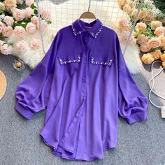 Purple Puff Sleeve Party Top, Spring Purple Collared Blouse, Purple Puff Sleeve Top For Party, Spring Purple Blouse With Collar, Purple Button-up Blouse For Party, Puffed Sleeves Blouse, Formal Shirt Dress, Cheap Blouses, Spring Shirts