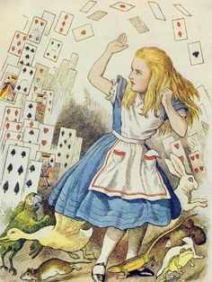 alice in wonderland playing cards with animals and birds