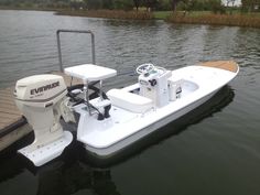 a small motor boat parked at the end of a dock