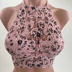 Victoria's Secret Pink Padded Halter Push-Up Bra Pink W/ Black Floral Xl Nwt Pink Top With Built-in Bra For Night Out, Pink Lace Crop Top For Party, Pink Feminine Bra Friendly Top, Pink Feminine Bra-friendly Tops, Feminine Pink Bra-friendly Tops, Pink Fitted Lace Crop Top, Pink Lace Sleeveless Crop Top, Pink Sleeveless Lace Crop Top, Pink Bra Friendly Top For Spring