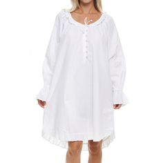 Step into a realm of vintage elegance with the Alexander Del Rossa Women's Cotton Victorian Nightgown. This exquisite piece is meticulously crafted from 100% pre-shrunk cotton, ensuring both comfort and durability through countless nights. Its classic Victorian design, complete with a poet-inspired silhouette, makes it a timeless addition to your sleepwear collection.

- Material: 100% Pre-shrunk Cotton
- Color: White
- Size: XL
- Gender: Female
- Features: Elasticized round neckline with ruffle Classic Cotton Nightgown For Sleep, Elegant Lace Trim Chemise For Sleepovers, White Cotton Nightgown For Overnight, Elegant Ruffled Nightgown For Sleep, Elegant Cotton Nightgown For Sleepover, Elegant Cotton Nightgown, Cottagecore Ruffled Nightgown For Daywear, White Night Gown, White Cotton Long Sleeve Nightgown