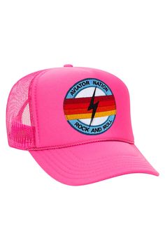 ROCK AND ROLL BOLT VINTAGE TRUCKER HAT - Aviator Nation Vintage Pink Snapback Trucker Hat, Pink Vintage Snapback Trucker Hat, Vintage Pink Festival Hat, Retro Snapback Trucker Hat For Festival, Retro Pink Hat With Flat Brim, Retro Outdoor Hat, Retro Pink Flat Brim Hat, Pink Retro Flat Brim Hat, Vintage Pink Flat Brim Hat