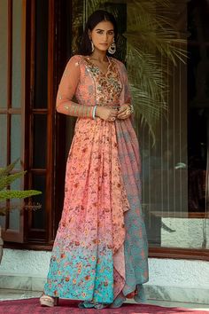 Peach and blue ombre draped anarkali with floral vine printed motifs embellished by sequins and floral thread embroidery. Comes with pant. - Aza Fashions Floral Thread Embroidery, Pant For Women, Satin Color, Blue Flats, Thread Embroidery, Floral Vine, Blue Ombre, Pants Pattern, Salwar Kameez