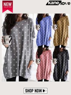 Women Polka Dot Printed Top Round Neck Long Sleeve T-shirt Top Round, Polka Dot Print, Chic Woman, Dot Print, Shoulder Sleeve, Print Tops, Fabric Care, Long Sleeve T Shirt, 30 Day