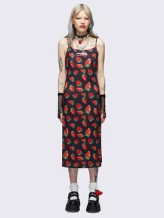 Prepare to turn heads with our Strawberry Bomb Cami Maxi Dress in black. Featuring an all over strawberry print, this dress is your ticket to Y2K sweetness with a bang! Shop now at Minga London! Strawberry Prints, Strawberry Outfit, 2000s Clothing, Minga London, Asian Streetwear, Y2k Early 2000s, Strawberry Dress, Cami Maxi Dress, Shrug Cardigan