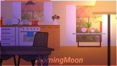 an animated image of a dining room with the moon in the sky above it and plants on the table