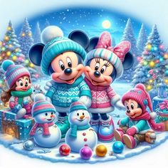 mickey mouse and friends are standing in the snow with christmas decorations on it's side