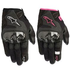 a pair of black gloves with pink accents