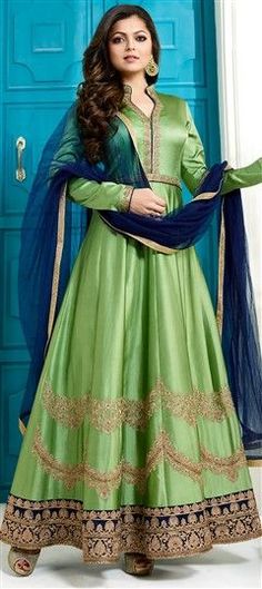 Green color Salwar Kameez in Silk fabric with Stone, Thread work Green Kameez, Green Anarkali Suits, Green Anarkali, Drashti Dhami, Traditional Attires, Pakistan Fashion, Long Frocks, Korean Fashion Dress, Anarkali Suit