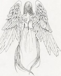 a drawing of an angel with long hair and wings on it's back side